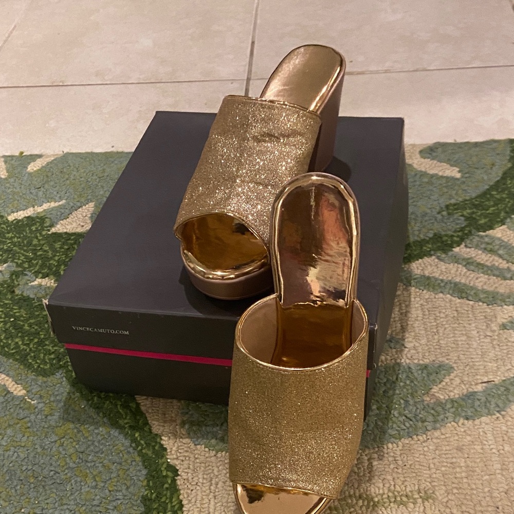 Gold Glitter Open-Toe Block Heel Mules